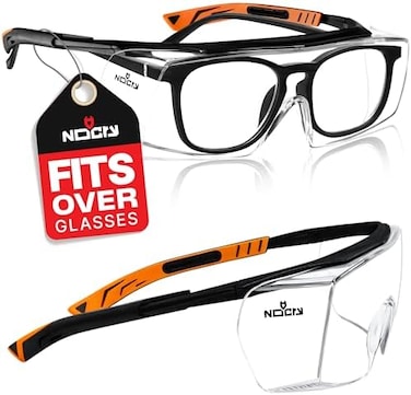 NoCry Over-Glasses Safety Glasses - with Clear Anti-Scratch Wraparound Lenses, Adjustable Arms, Side Shields, UV400 Protection, ANSI Z87 &amp; OSHA Certified, Black and Orange Frames