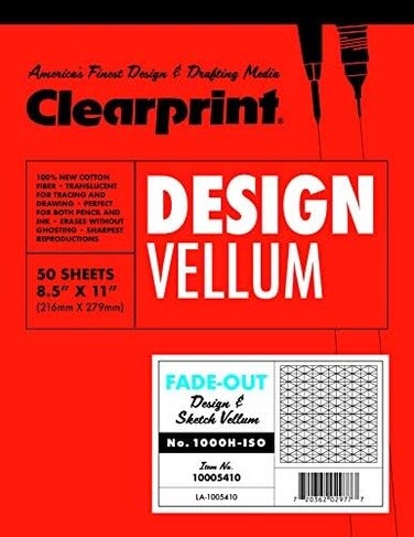 لوحة Clearprint Vellum ذات 30 درجة، شبكة غير قابلة للفتح، 8.5x11 بوصة، 7.32 كجم، 60 جرام في المتر المربع، 1000H قطن 100%، 50 ورقة بيضاء شبه شبه كاملة، 1 لكل واحدة (10005410)