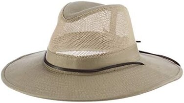 Dorfman Pacific Men's Brushed Twill-and-Mesh Safari Hat with Genuine Leather Trim