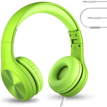 LilGadgets Connect+ Pro Wired Kids Headphones for School with Microphone, Volume Limiting &amp; Noise Cancelling Over-Ear Headset with Cord, SharePort Technology &amp; SoftTouch Padding, Green