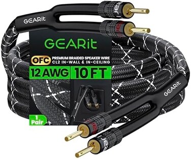 GearIT 12AWG Speaker Cable Wire with Gold-Plated Banana Tip Plugs (10 Feet) in-Wall CL2 Rated, Heavy Duty Braided, 99.9% Oxygen-Free Copper (OFC) - Black, 10ft