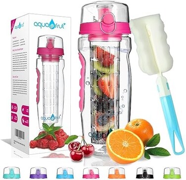 AquaFrut 32 OZ Fruit Infuser Water Bottle BPA-Free Fruit Infusion Sports Bottle - Flip Top Lid w Drinking Spout, Leak Proof, Made of Durable Tritan. Free Recipe eBook! (Pink)