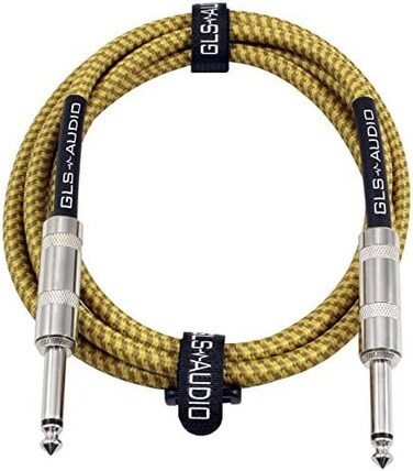 GLS Audio 10 Foot Guitar Instrument Cable - 1/4 Inch TS to 1/4 Inch TS 10-FT Brown Yellow Tweed Cloth Jacket - 10 Feet Pro Cord 10' Phono 6.3mm - Single