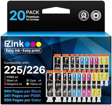 E-Z Ink (TM) Compatible Ink Cartridge Replacement for Canon PGI-225 CLI-226 PGI225 CLI226 to use with MG6220 MG6120 MG5320 MX882 MX892 (4 Large Black, 4 Cyan, 4 Magenta, 4 Yellow, 4 Small Black)20Pack