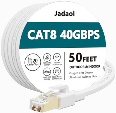 Jadaol Cat 8 Ethernet Cable For Indoor And Outdoor Use, Heavy-Duty, High-Speed Cat 8 Lan Network Cable, 40 Gbps, 2000 Mhz, Rj45 Flat Rj45 Internet Patch Cable, Weather And Radiation Resistant.