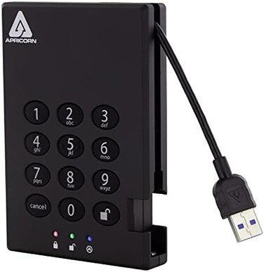أبريكون قرص صلب خارجي للكمبيوتر المحمول من ايجيس قفل 1 تيرابايت بمنفذ USB 3.0 256 بت AES XTS (A25-3PL256-500)