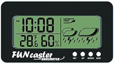 ساعة FUNcaster بارومتر لعرض حالة الطقس المحيطة، مناسبة لعربة الجولف، والقارب، والمنزل، والمكتب. سهلة القراءة لعرض الوقت، ودرجة الحرارة، والرطوبة، والتوقعات الجوية.