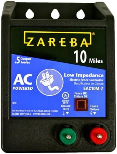 شاحن سياج كهربائي Zareba EAC10MZ بمدى 10 أميال بتيار متردد ومقاومة منخفضة؛ يُشغّل سياجًا كهربائيًا يصل طوله إلى 10 أميال؛ تقنية المقاومة المنخفضة تُقلل من استهلاك البطارية؛ يعمل بكفاءة حتى في ظروف الأعشاب الكثيفة؛ صُنع في الولايات المتحدة الأمريكية