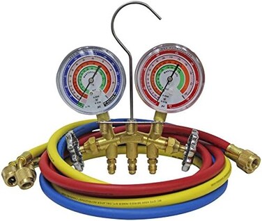 ماستر كول 59161 نحاس R410A، R22، R404A مجموعة مقياس متشعب ثنائي الاتجاه مع مقاييس 3-1/8 انش، خراطيم 3-60 وتركيبات الممتدة 1/4