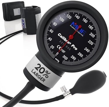 جهاز قياس ضغط الدم الزئبقي Calibra Pro من MDF Instruments، ذو مقياس كبير جدًا، مزود بواقي من الصدمات وكفة بحجم مناسب للبالغين، معايرة مدى الحياة، مينا أسود، كفة سوداء، MDF808B11