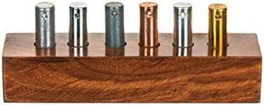 Eisco 6pc Specific Heat Metal Cylinders Set - Copper, Lead, Brass, Zinc, Iron &amp; Aluminum - Includes Wooden Storage Block - for Specific Heat, Specific Gravity &amp; Density Experimentation - Labs