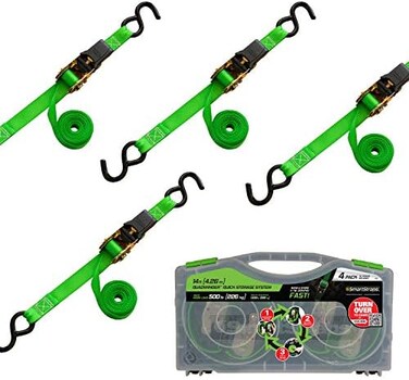 SMARTSTRAPS 101W QuadWinder 14' مسجلة بسقاطة ربط باللون الأخضر (4 قطع) حقيبة تخزين مسجلة ذاتية كبراءة اختراع - قوة استراحة 1500 رطل ، 500 رطل - أحمال أخف وزنًا مثل ATV، جزازات العشب وغيرها، 4.