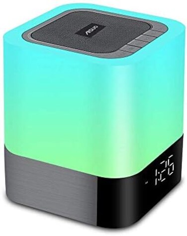 Aisuo Night Light - 5 in 1 Bedside Lamp with Bluetooth Speaker, 12/24H Digital Calendar Alarm Clock, Touch Control &amp; 4000mAh Battery, Support TF and SD Card, The Best Gift for Kids and Friends.