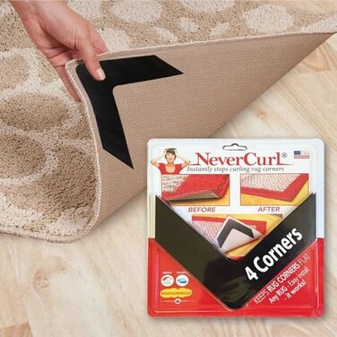 شريط تثبيت زوايا السجاد iPrimio NeverCurl بتصميم على شكل حرف V يمنع انحناء الزوايا فورًا - آمن على الأرضيات الخشبية - مناسب للسجاد الداخلي والخارجي - شريط تثبيت السجاد - ليس وسادة مانعة للانزلاق - مثبت للسجاد
