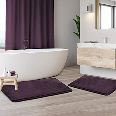Clara Clark Bath Mat Set &ndash; Memory Foam Bath Mat - Soft Bathroom Rug - Non Slip and Super Absorbent - Fast Drying Machine Washable Bath Mat Set of 2 20 x 32, 17 x 24, Purple Eggplant