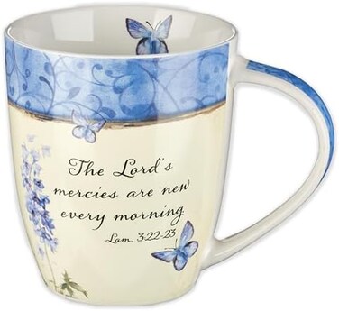 Christian Art Gifts Ceramic Coffee and Tea Mug 12 oz Inspirational Bible Verse Mug for Women: The Lord&rsquo;s Mercies Lamentations 3:22-23 Microwave and Dishwasher Safe, Blue Butterfly Mug