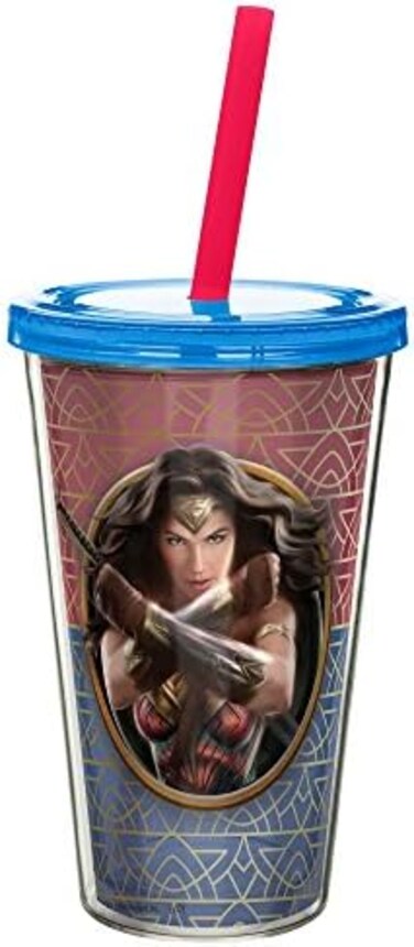 Zak Designs WWMA-0850 Wonder Woman Movie Double Walled Straw Tumbler, Plastic, 17 Fluid_Ounces, Multicolor