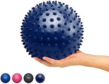 كرة بيلاتس صغيرة من URBNFit (مدلك أزرق، 23 سم) - كرة تمارين صغيرة لليوغا، والبيلاتس، والبار، والعلاج الطبيعي، وتمارين التمدد، وتمارين تقوية عضلات الجذع - تتضمن دليل تمارين كرة التوازن