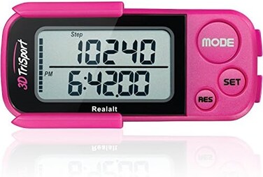 Realalt 3DTriSport Walking 3D Pedometer with Clip and Strap, Free eBook   30 Days Memory, Accurate Step Counter, Walking Distance Miles/Km, Calorie Counter, Daily Target Monitor, Exercise Time.