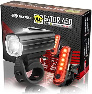 BLITZU Bike Lights Set &ndash; Gator 450 LED USB-C Rechargeable Headlight &amp; Rear Taillight with Front and Back Bike Reflectors &ndash; Bicycle Accessories for Night Riding, Men &amp; Kids