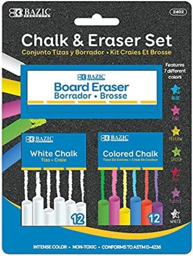BAZIC Products B Colored (12 Pcs) + White (12 Pcs) Chalk + Premium Chalkboard Eraser Bundle, Non-Toxic Kids Art Office Classroom Store Home, 1-Pack (2402)