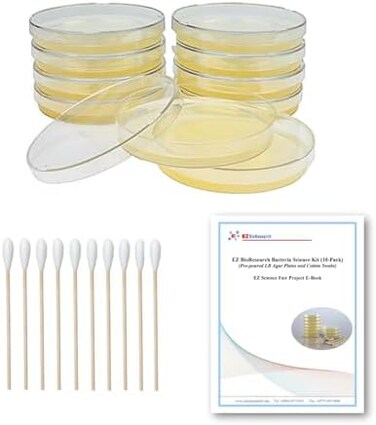 مجموعة علوم البكتيريا (IV): مجموعة مشروع توب ساينس فير. لوحات LB-Agar مسبقة الصنع ومسحات قطنية. كتاب العلوم الحصرية مجاني لمشروع معرض العلوم معببتجارب حائزة على جوائز.