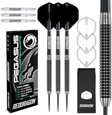 RED DRAGON Pegasus Professionelles Wolfram-Steeltip-Dart-Set, erhltlich in 21, 23, 24, 25, 26, 28, 30 Gramm, mit Flights, Schften (Schften) und Tasche