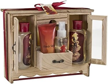 Freida and Joe Bath Body Spa Gift Set in French Vanilla Aromatherapy Fragrance , Includes a Shower Gel, Bubble Bath, Bath Salt, Body Lotion, Body Spray in a Natural Wood Curio