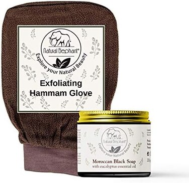 Natural Elephant Moroccan Black Soap 200g (7oz) and Exfoliating Hammam Glove Combo (Chocolate Brown)