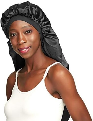 قبعة نوم مزدوجة الطبقات من الساتان للشعر الطويل والضفائر والجدائل والشعر المجعد
