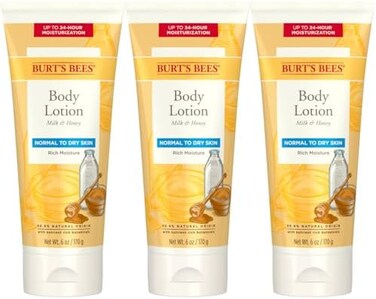 Burt's Bees Stocking Stuffers, Body Lotion Christmas Gifts With Milk and Honey, Moisturizing Lotion for Normal to Dry Skin, 98.6 Percent Natural Origin Skin Care, 6 oz. Bottle (3-Pack)
