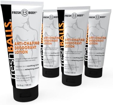 Fresh Body Fresh BALLS Lotion (4 Pack)   Anti-Chafing Men's Soothing Cream to Powder Balls Deodorant and Hygiene for Groin Area, 3.4 fl oz