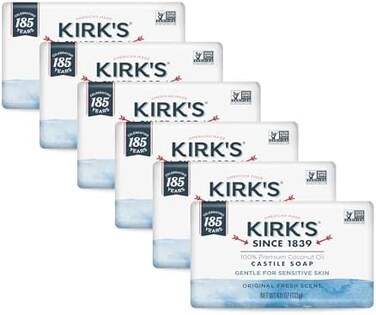 Kirk's Castile Bar Soap for Men, Women &amp; Children - Made With Premium Coconut Oil, Sensitive Skin Formula, Vegan, Non GMO, Original Fresh Scent, 4 oz. Bars, 6 Pack
