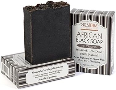 شيا تيرا اورجانيكس صابون اسود افريقي اصلي   صابون اسود طبيعي بالكامل غير سام ينظف البشرة ويحسن ويقوي البشرة ويزيل حب الشباب والتجاعيد ويتحكم في الصدفية والاكزيما - 4 اونصة