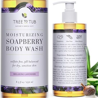 Tree To Tub Gentle, Moisturizing Body Wash for Dry Skin. The Only 5.5 pH Balanced Body Wash for Sensitive Skin Pure Lavender Soap for All Ages with Organic Wild Soapberries, 8.5 oz&acirc;&acirc;&sbquo;&not;&acirc;&euro;