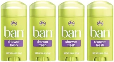 Ban Shower Fresh 24-hour Invisible Antiperspirant, Solid Deodorant for Women and Men, Underarm Wetness Protection, with Odor-fighting Ingredients, 2.6 Ounce, 4 Count (Pack of 1)