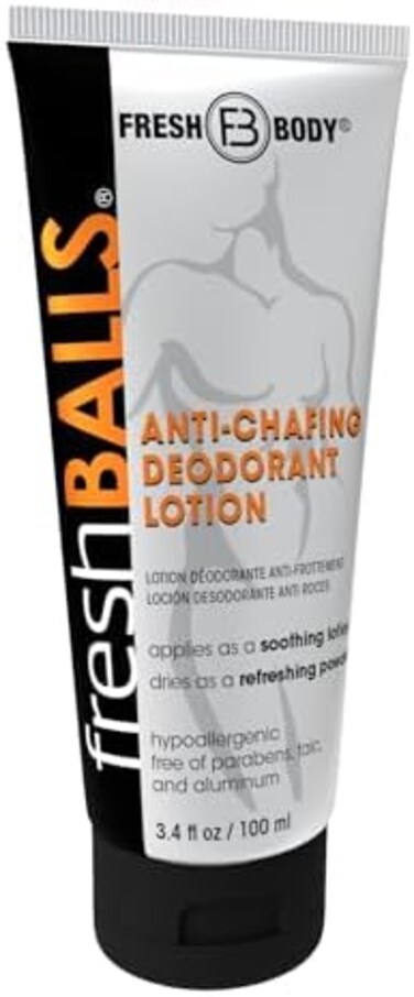 Fresh Body Fresh BALLS Lotion - Men's Anti-Chafing Soothing Cream to Powder - Ball Deodorant and Hygiene for Groin Area - The Original Anti Chafe Cream for Men, 3.4 fl oz