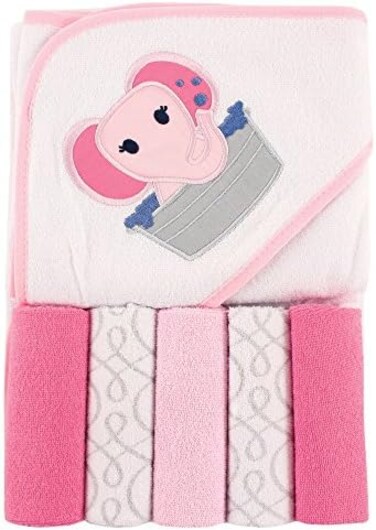 لوفابل فريندز منشفة بغطاء راس للاطفال من الجنسين مع خمس مناشف للحمام، بتصميم فيل زهري، مقاس واحد