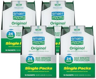 SmartMouth Mouthwash Travel Packets for 24 Hours of Fresh Breath Guaranteed, 4 Boxes, 10 packs each