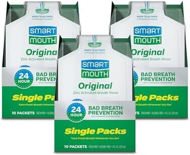 SmartMouth Mouthwash Travel Packets for 24 Hours of Fresh Breath Guaranteed, 3 Boxes, 10 packs each