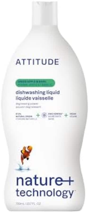Attitude Nature +, Hypoallergenic Dishwashing Liquid, Sweet Apple &amp; Basil, 23.7 Fluid Ounce