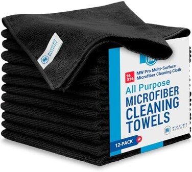 Microfiber Wholesale Buff Pro Multi-Surface Towel &ndash; 12 Pack   Premium Cleaning Cloth   Clean, Dust, Polish, Absorb   Large 16"x16" (Black)