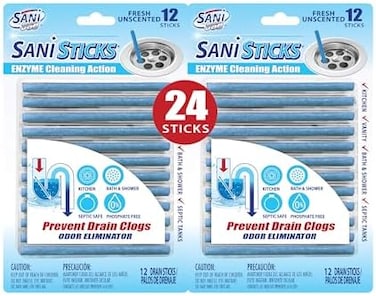 منظف ومزيل للروائح الكريهة من ساني ستيكس   تركيبة انزيمية غير سامة للتخلص من الروائح وتساعد على منع انسداد المصارف   امن لخزان الصرف الصحي   عبوة من 24 قطعة، غير معطر
