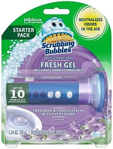 Scrubbing Bubbles Fresh Gel Toilet Bowl Cleaning Stamps, Helps Keep Toilet Clean and Helps Prevent Limescale &amp; Rings, Lavender Scent, 1 Dispenser with 6 Fresh Gel Stamps