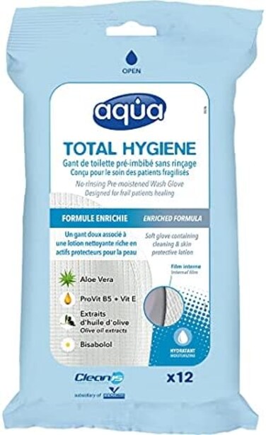 Cleanis Aqua Wash Reusable Gloves - Medical Grade Pre-Moistened Cleansing Wipes - No Water, Soap, Rinsing or Drying Necessary &ndash; All Skin Types &ndash; Hypoallergenic - Pack of 12 Gloves
