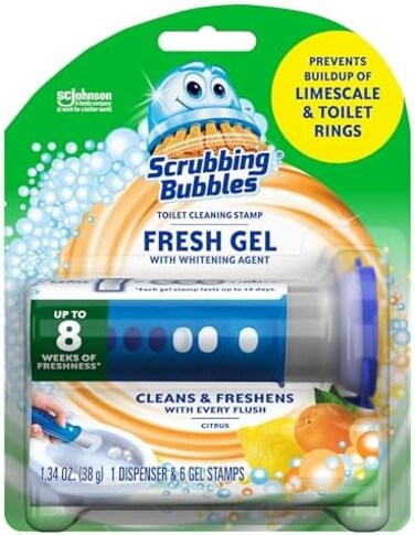 Scrubbing Bubbles Fresh Gel Toilet Bowl Cleaning Stamps Starter Pack, Clean and Prevent Limescale and Toilet Rings, Citrus Scent, 1 Dispenser with 6 Stamps, 1.34 Oz