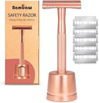 Bambaw Metal Razor for Women with Safety Razor Stand   Rose Gold Women Razor   Eco Razor Women   Fits All Double Razor Blades   Reusable Razor Women   Zero Plastic   Eco Beauty   Sustainable Home