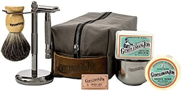 Gentleman Jon Deluxe Wet Shave Kit   8 Items: Safety Razor, Badger Hair Brush, Stand, Canvas &amp; Leather Dopp Kit, Alum Block, Soap, Stainless Steel Bowl and Astra Blades