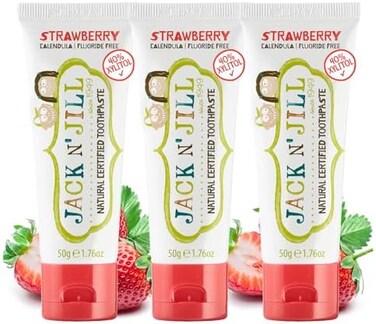 Jack N' Jill Kids Natural Toothpaste - Kids Toothpaste Fluoride Free, 40% Xylitol, BPA Free SLS Free, Makes Tooth Brushing Fun for Kids - Strawberry, 1.76 oz (Pack of 3)