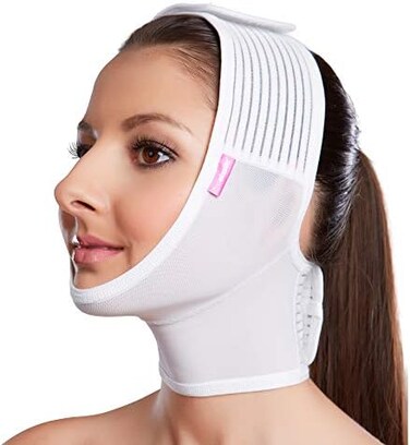LIPOELASTIC FM Extra Post Surgical Facelift Compression Garment, Chin Lipo Compression Garment, Perfect After Care for Neck Lifts, Chin Faja, Face Wrap for Double Chin, V line Face Slimming (Small)